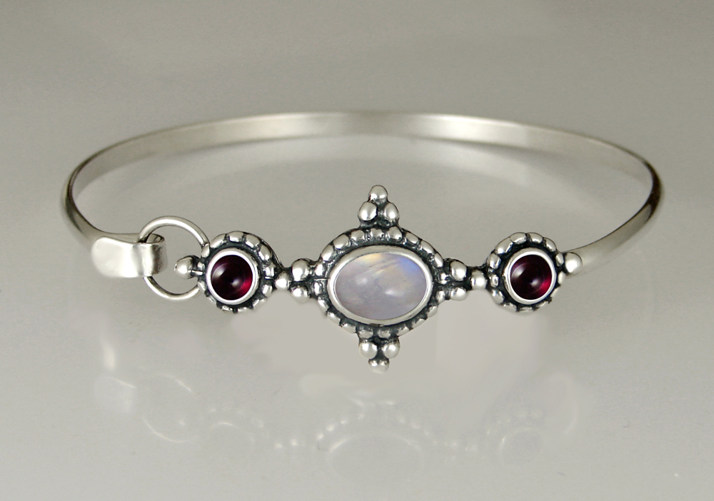 Sterling Silver Strap Latch Spring Hook Bangle Bracelet With Rainbow Moonstone And Garnet